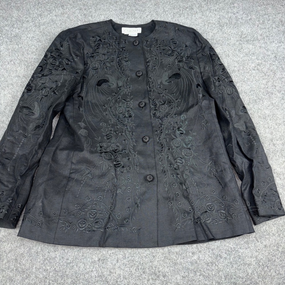 Vintage Carlisle Jacket Women's Large Black Linen Floral Embroidered Blazer Boho